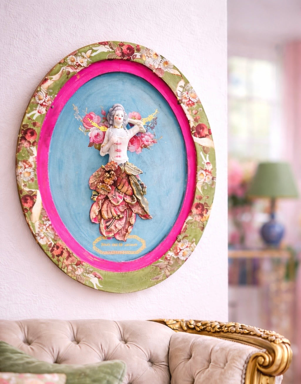 vintage broken doll with tulip moulds ( wall decor)