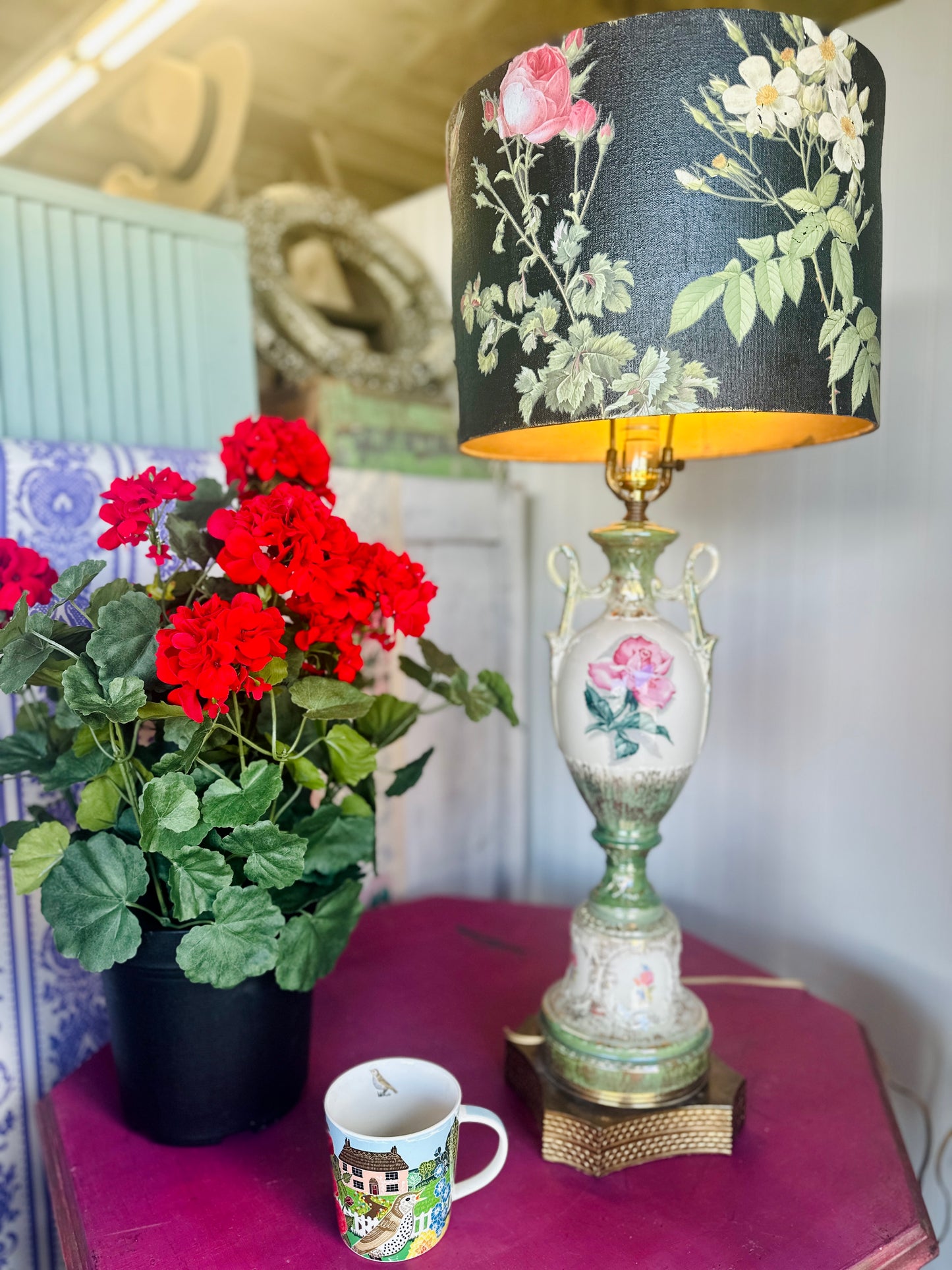 vintage Capodimonte lamp with custom one of a kind lampshade as seen in Debi's video