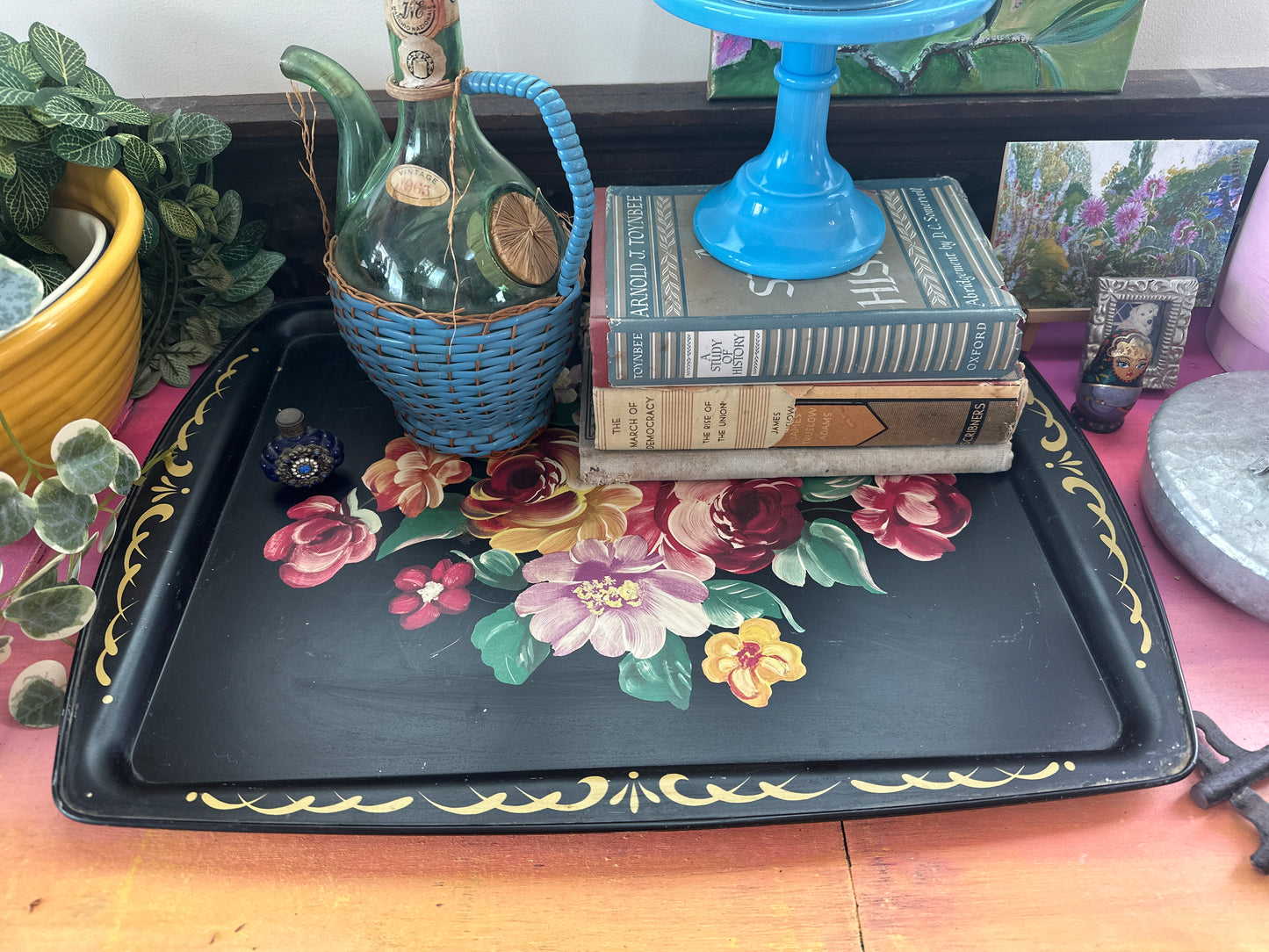 Hand Painted Black Toile Tray