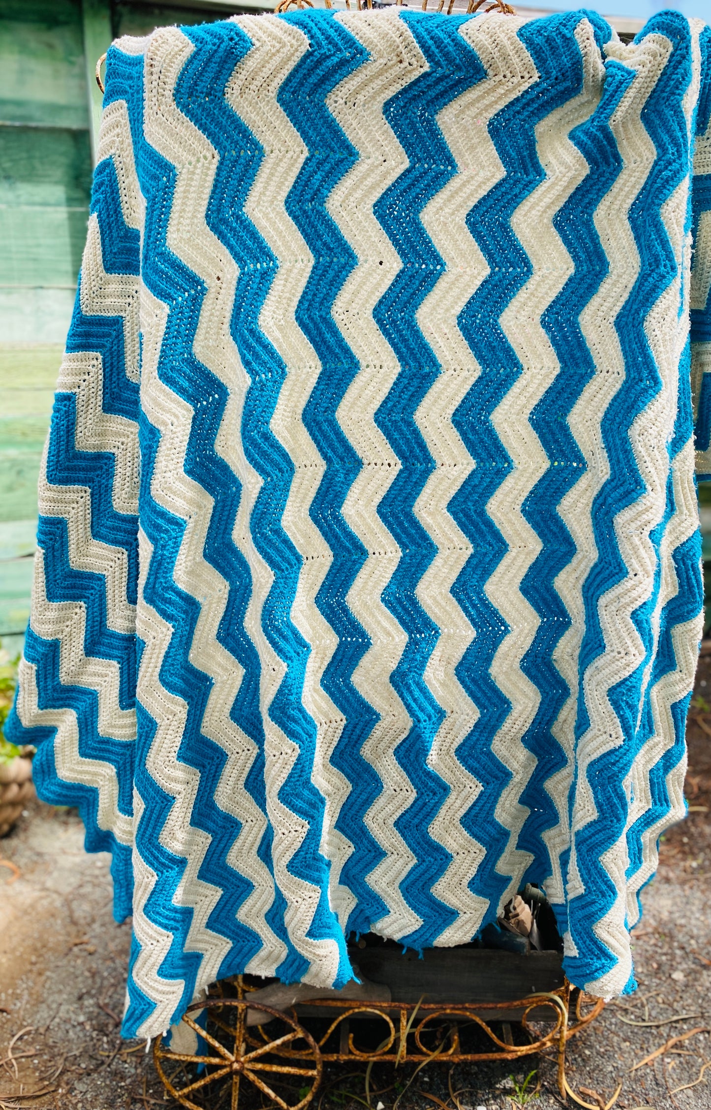Cream and Blue Chevron Blanket