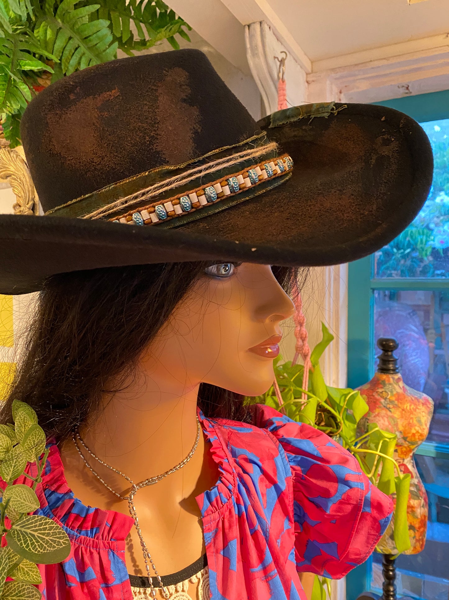 Dark Brown & Black Distressed Cowgirl Hat With Beads and Fabric