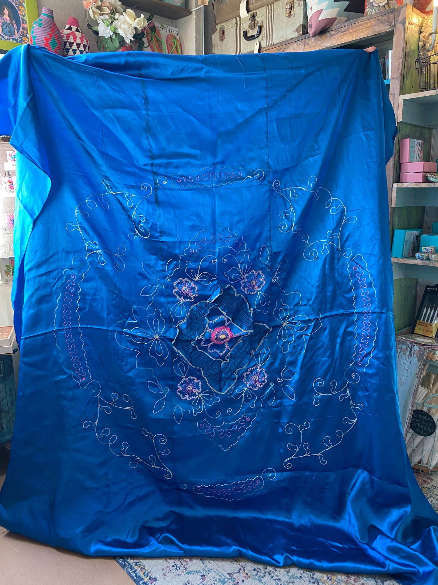 vintage Blue Satin Embroidered Pillow sham