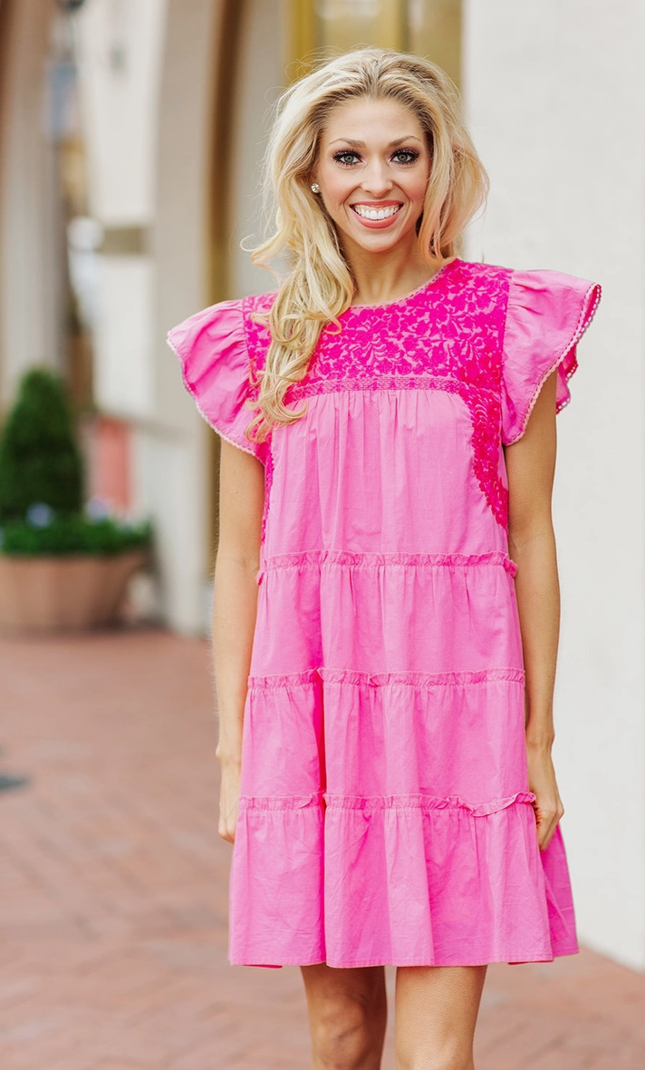 Hot Pink Embroidered Dress - small Hot Pink Embroidered Dress - small