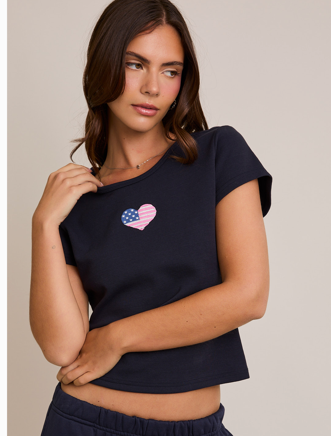 Navy Tee Shirt with Embroidered USA flag