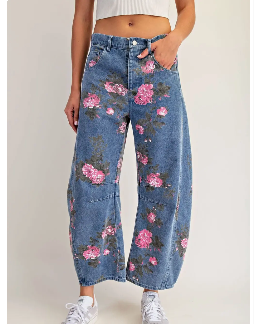Floral print barrel leg jeans