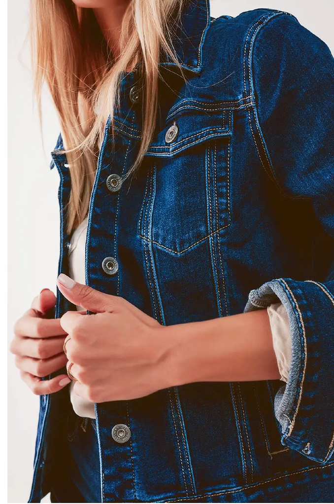 Embroided Back Denim Jacket in Dark Blue