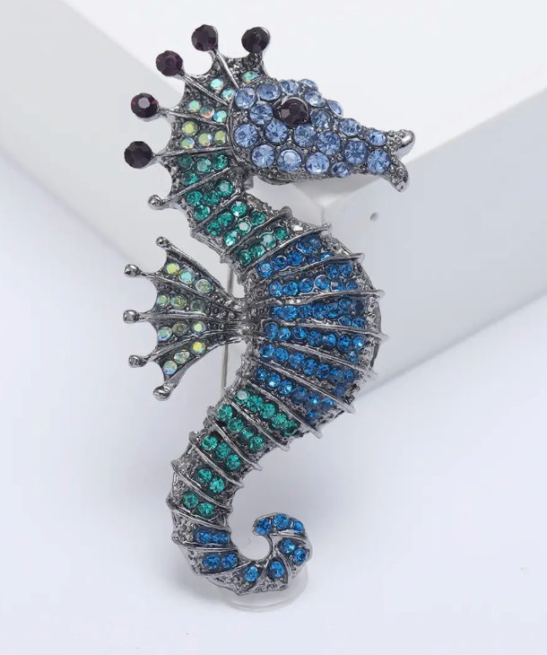Seahorse Brooch with blue and green Rhinestones