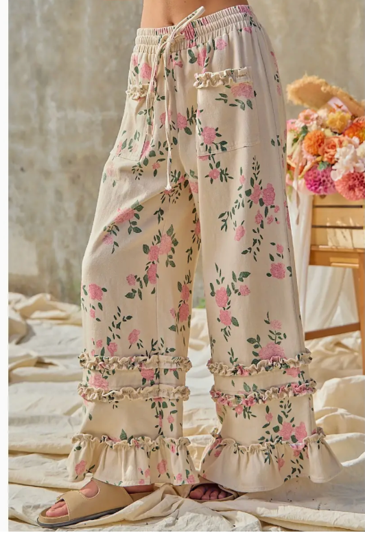 Washed Flower Printed Twill Ruffled Detail Wide Pants
