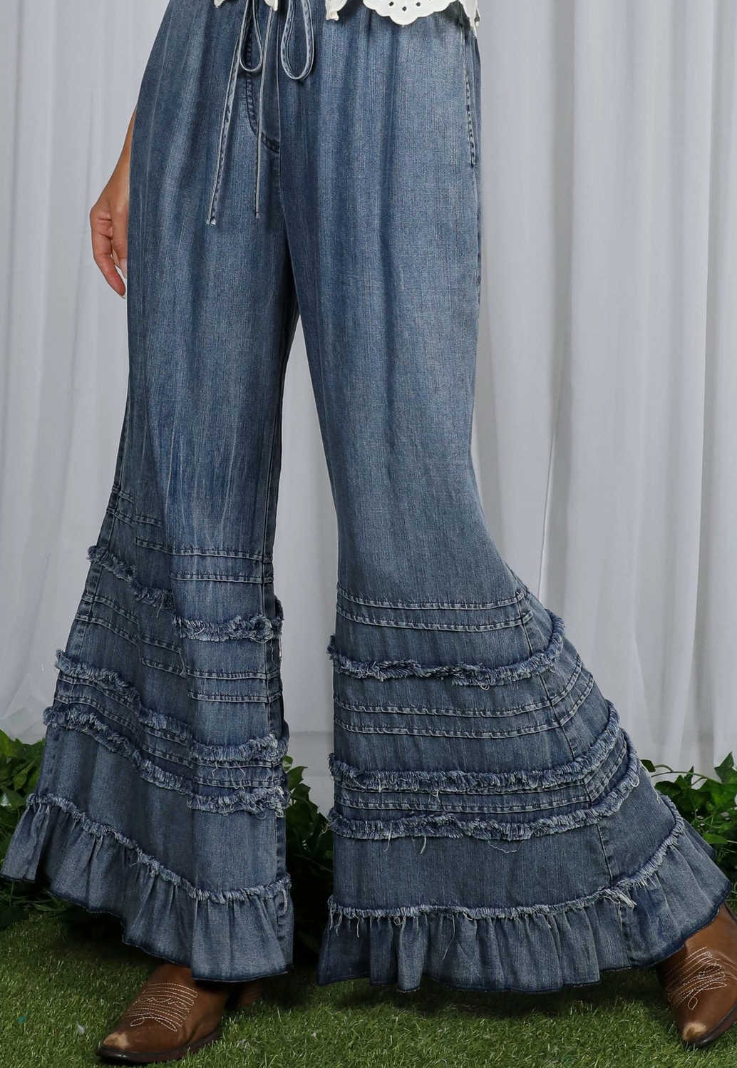 Denim Chambray Ruffled Hem Pants