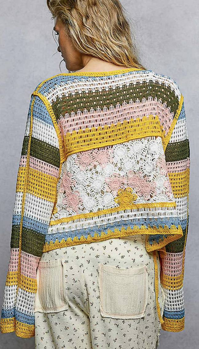 Long Sleeve Crochet Striped Tie Closure Open Cardigan Top