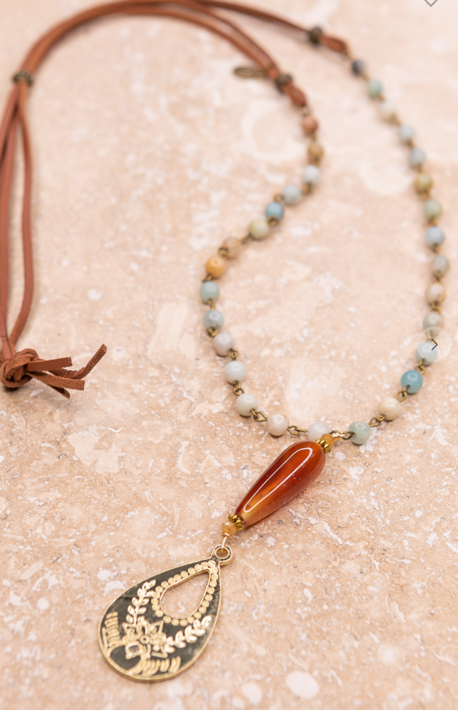 Long leather necklace with natural stone beads