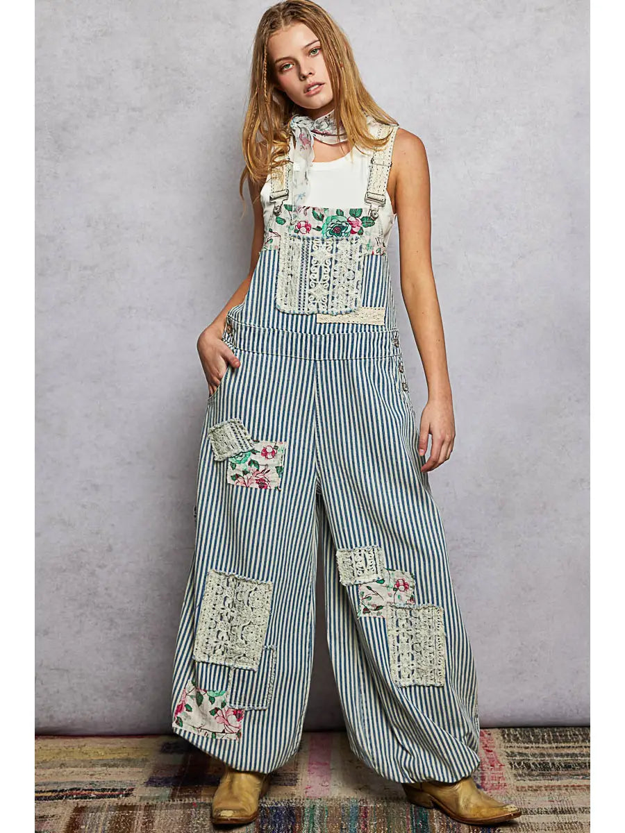 My sisters FAVE Embroidered Floral Patchwork Stripped Denim Overalls