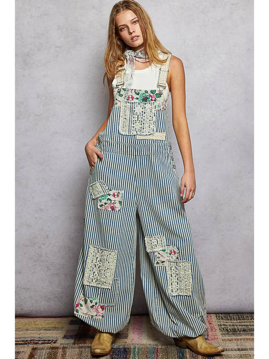 My sisters FAVE Embroidered Floral Patchwork Stripped Denim Overalls
