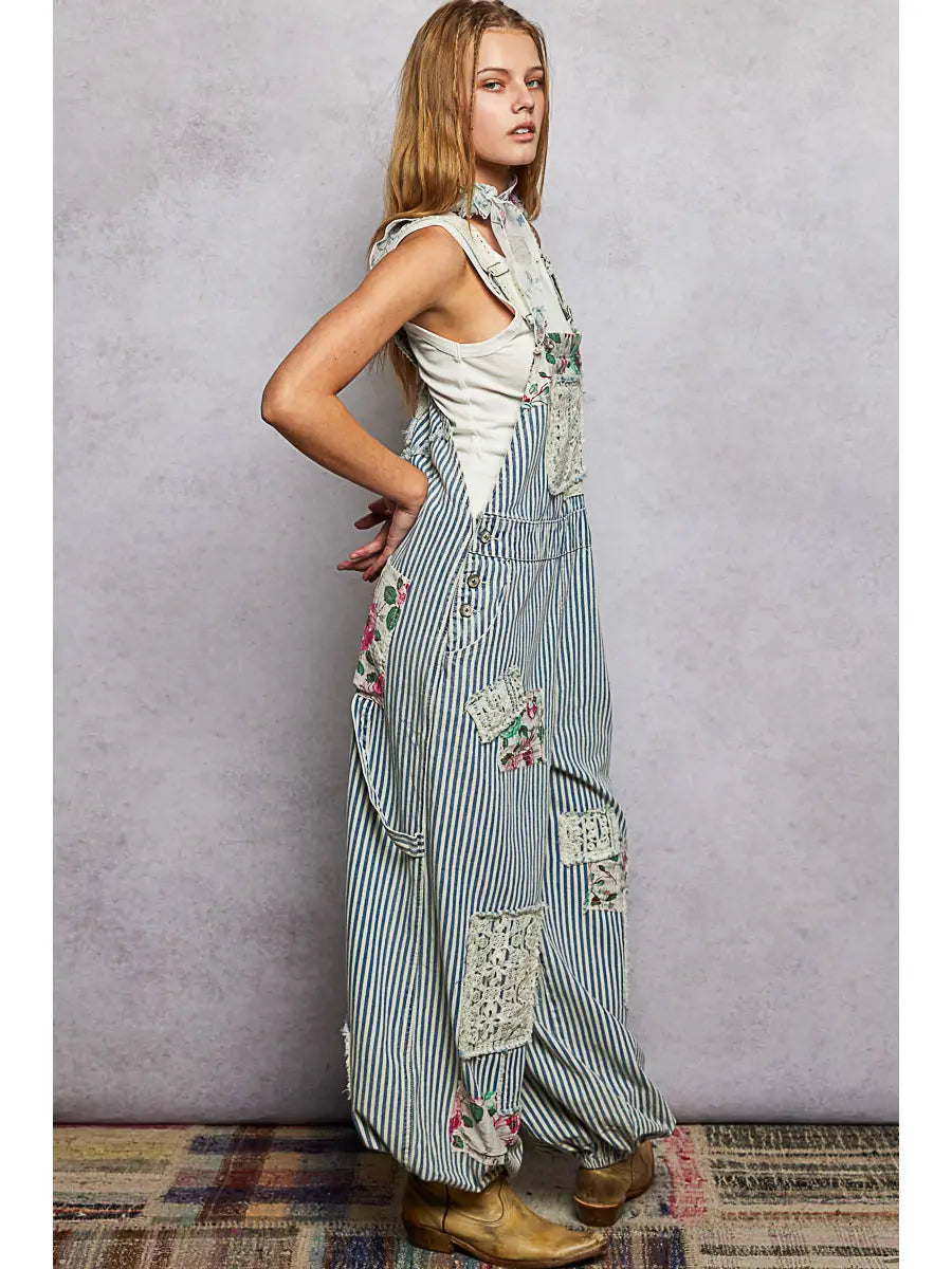 My sisters FAVE Embroidered Floral Patchwork Stripped Denim Overalls