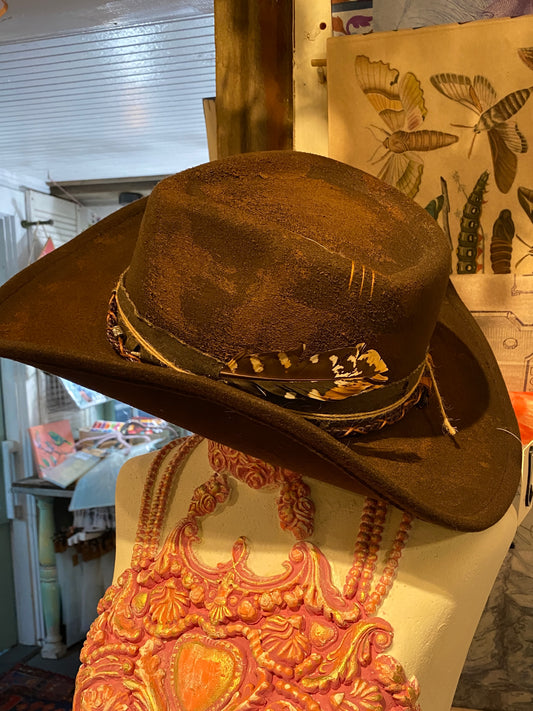 Brown Vintage Distressed Hat With Feather, Fabric and Silver Beads