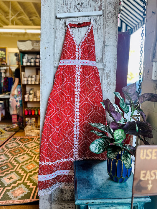 Vintage Red Quilted Handmade 70s dress