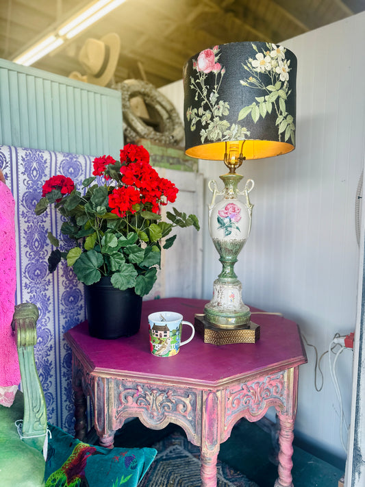 vintage Capodimonte lamp with custom one of a kind lampshade as seen in Debi's video