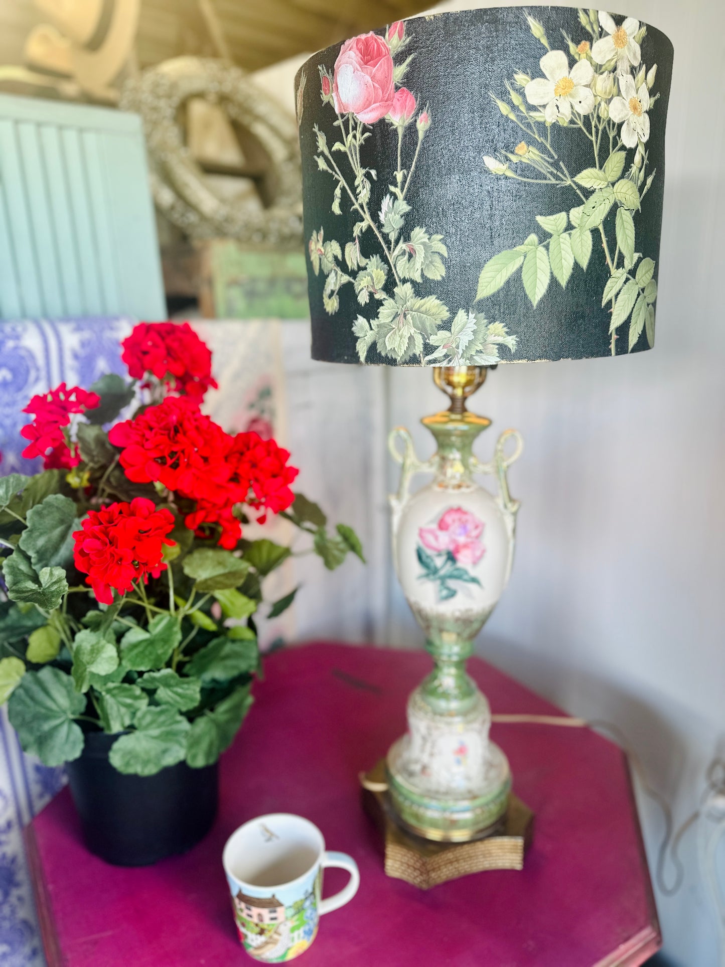 vintage Capodimonte lamp with custom one of a kind lampshade as seen in Debi's video
