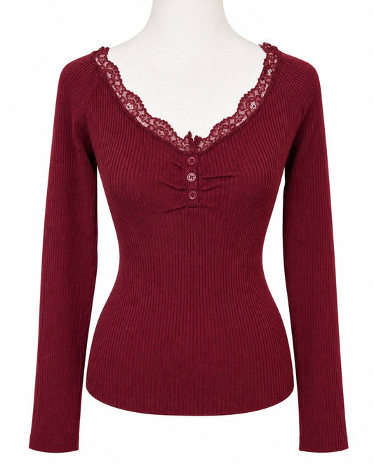 Sweater with Lace Neck Trim