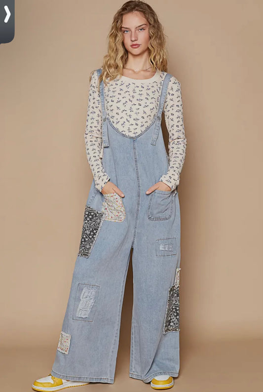 Vintage patch work Washed Relaxed Fit Overalls