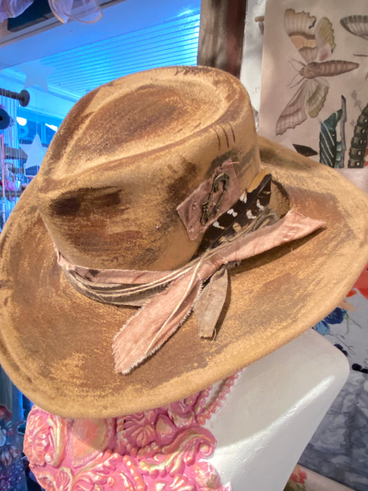 Vintage Tan Distressed Cowgirl Hat With Feather