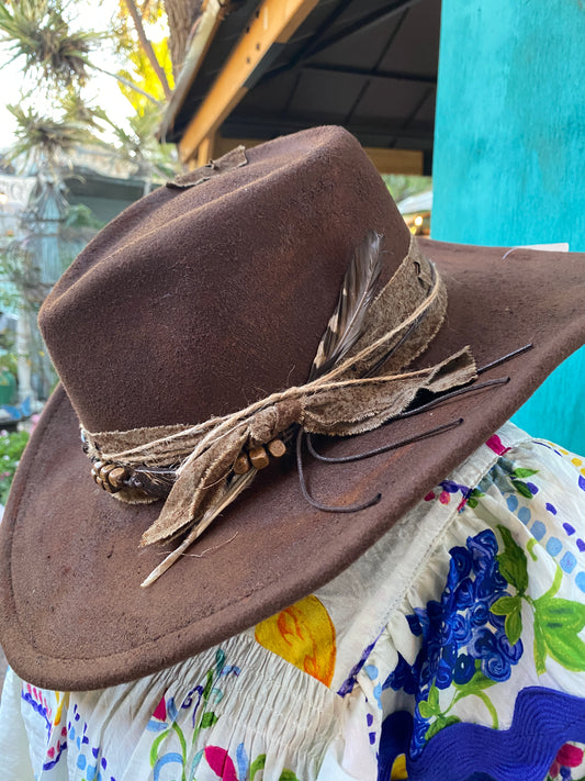 Brown Western Cowgirl Hat With Fabric & Beads