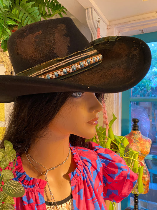 Dark Brown & Black Distressed Cowgirl Hat With Beads and Fabric