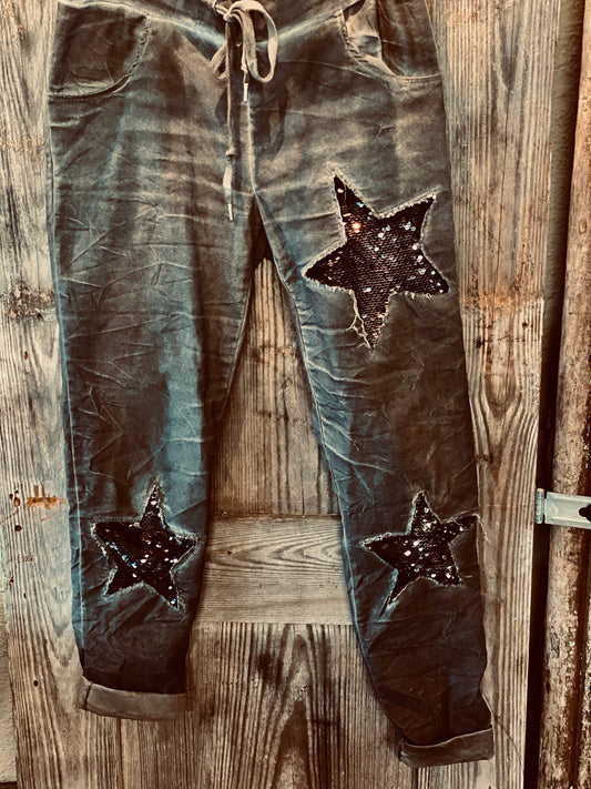 Stonewashed Grey Denim With Sequence Patches