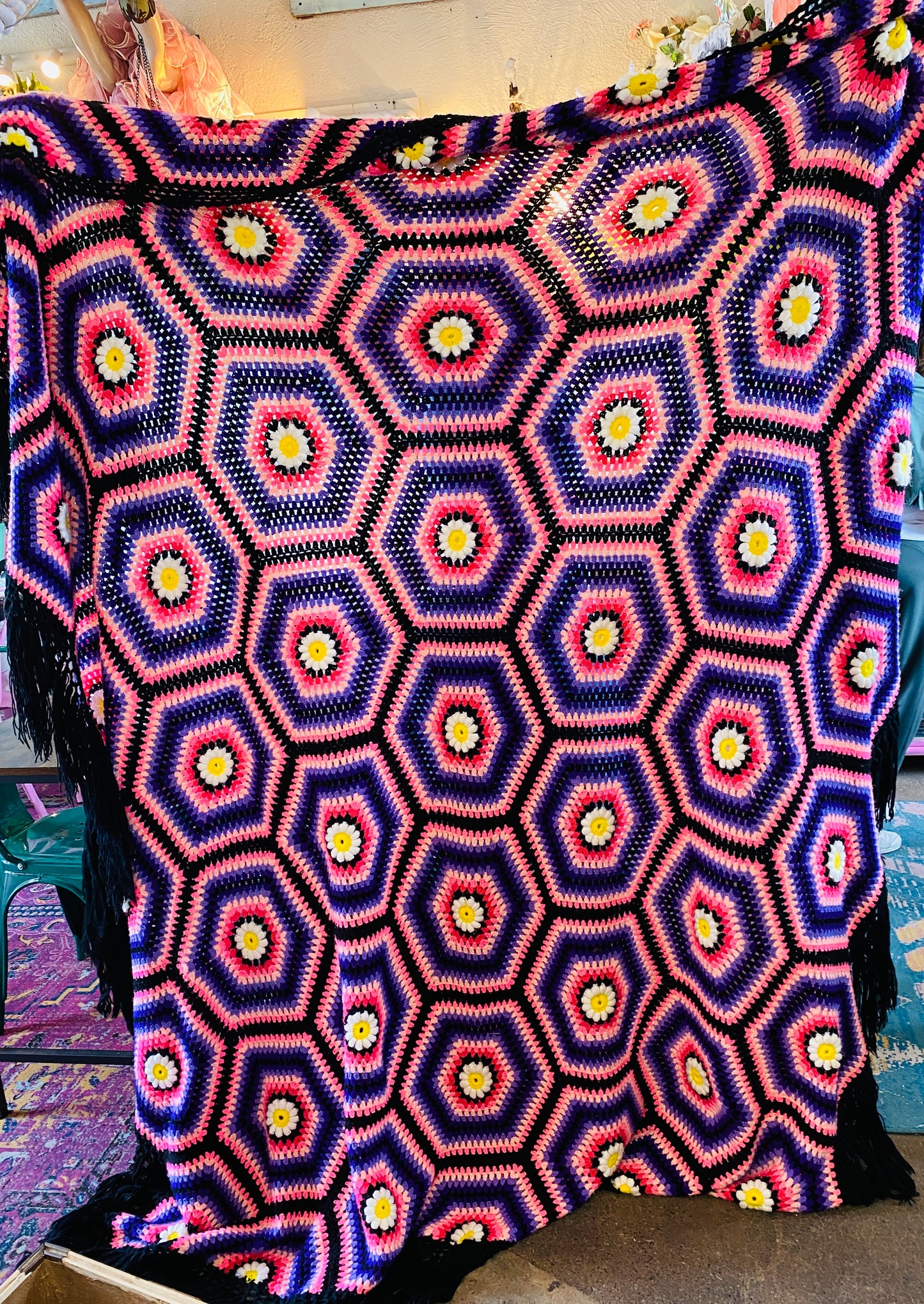 Purple and Pink With yellow Daisy Afghan