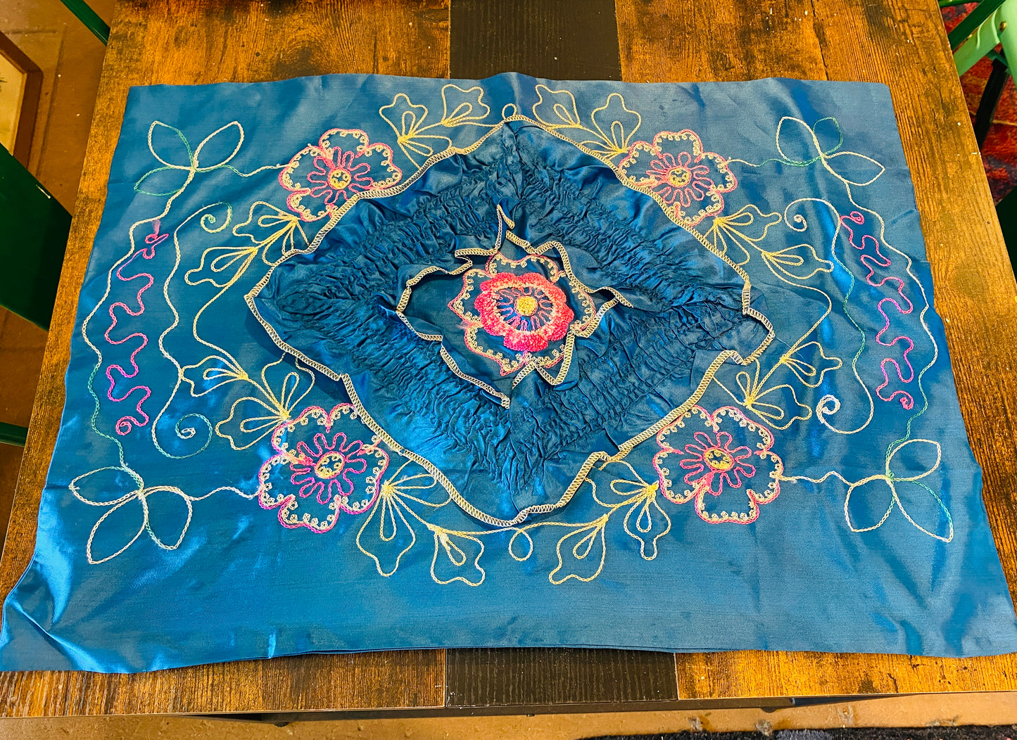 vintage Blue Satin Embroidered  Bed cover