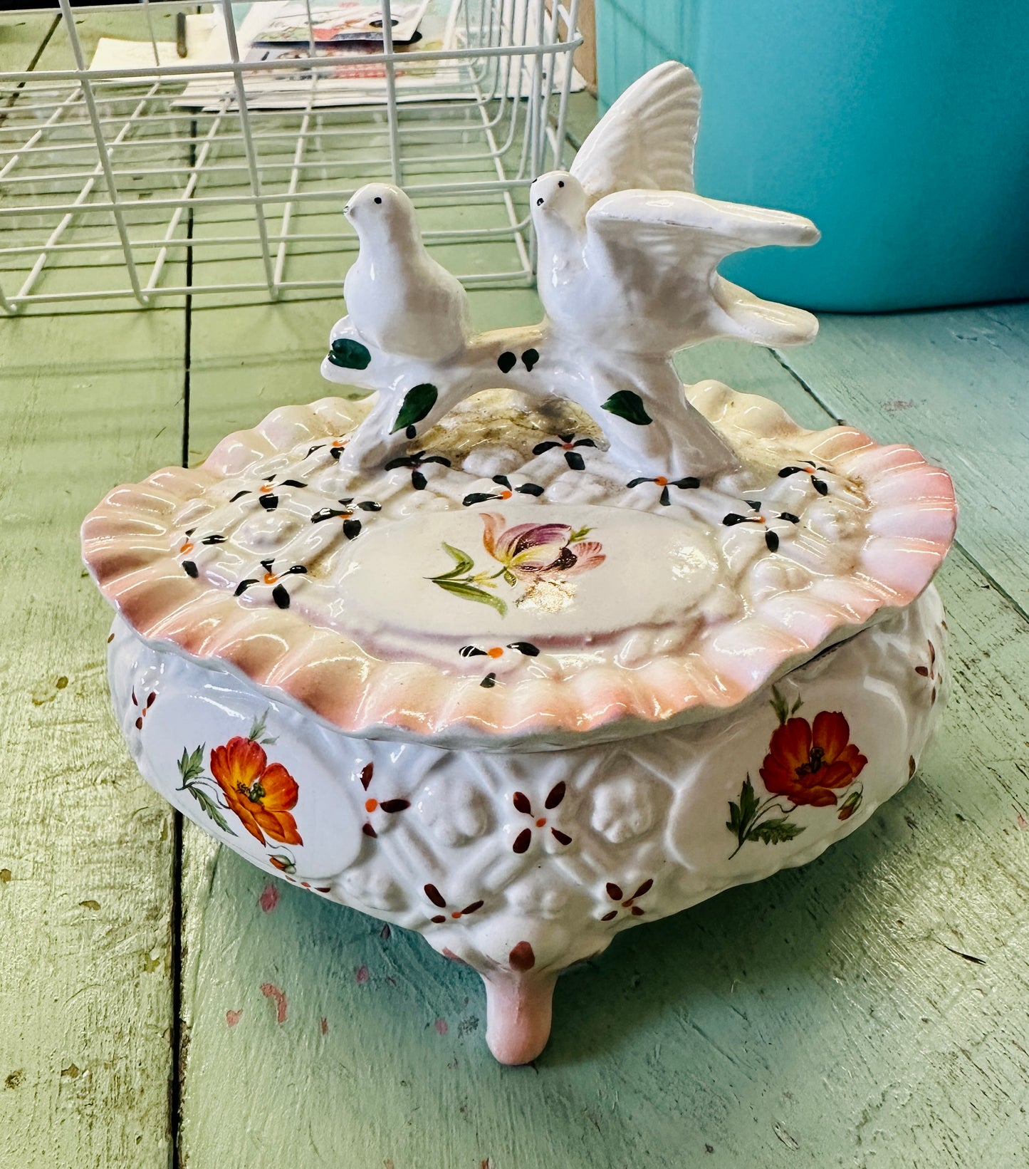vintage Tiny Porcelain Jewelry Box With Dove