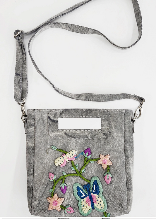 Embroidered Crossbody/handheld grey denim Purse