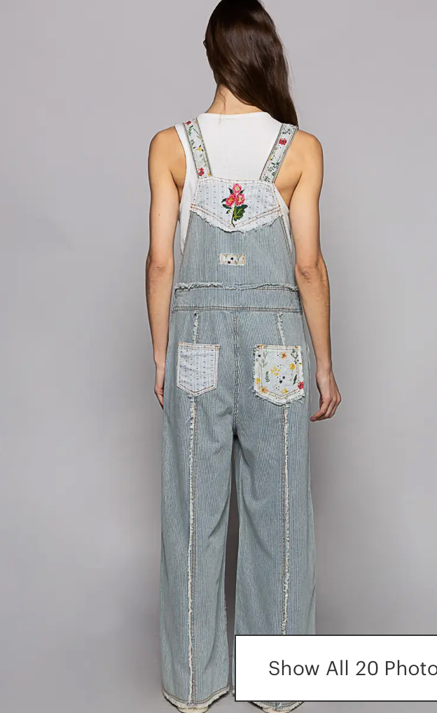 Floral patchwork embroidery overall  with pinstripe