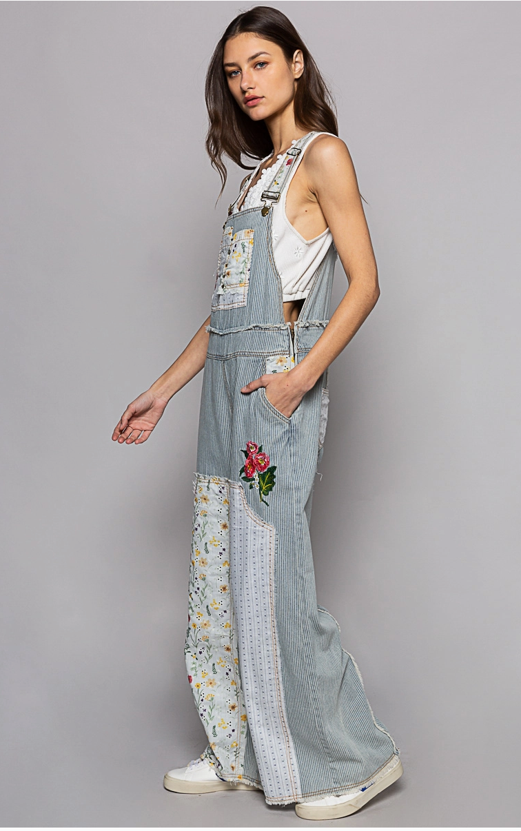 Floral patchwork embroidery overall  with pinstripe