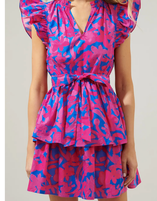 Cerulean-Pink Tiered Mini Dress