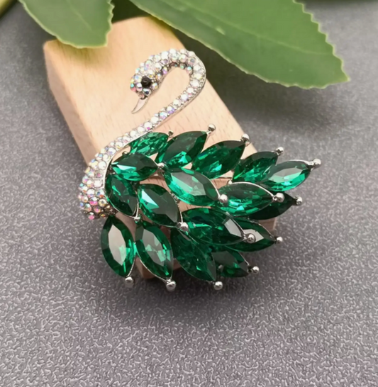 Emerald Rhinestone Swan Brooch