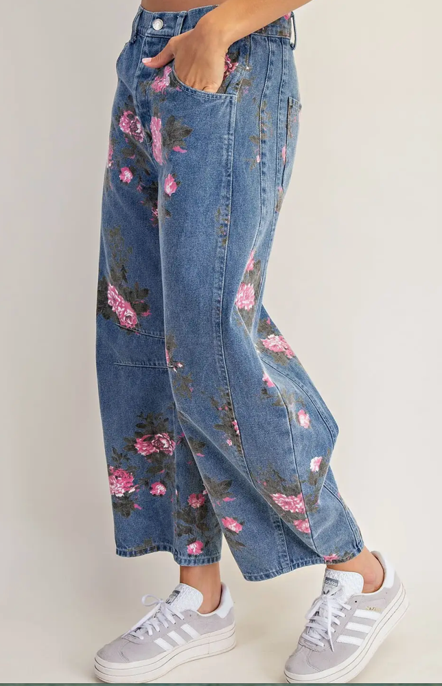Floral print barrel leg jeans