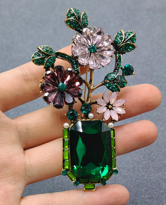 Glass & Rhinestone Flower Shape Brooch