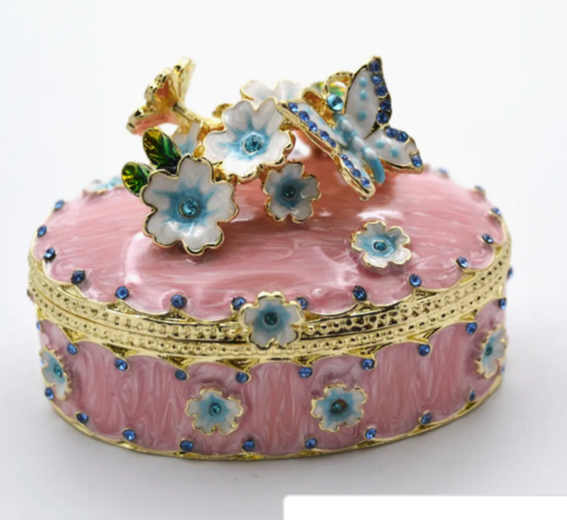 Oval Shape Floral & Butterfly Trinket Box