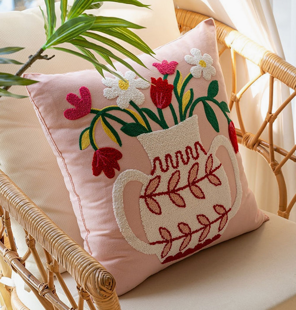 Floral Embroidered Pillow Cover