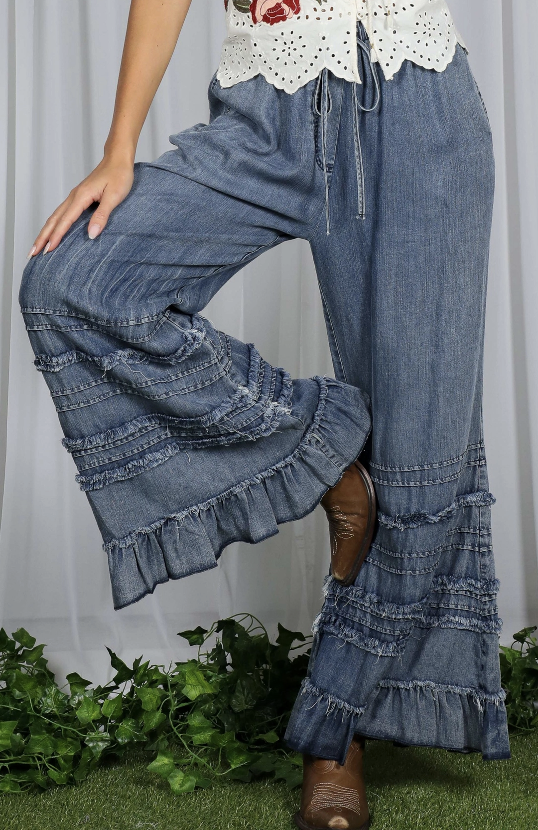 Denim Chambray Ruffled Hem Pants