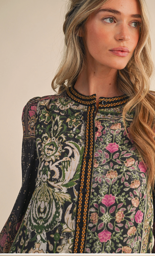 Patchwork Print Crochet Trim Button Down Top