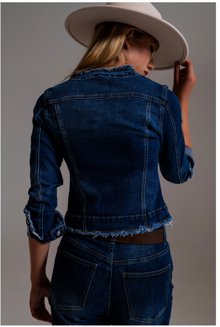 Denim Jacket with Raw Hem Edge