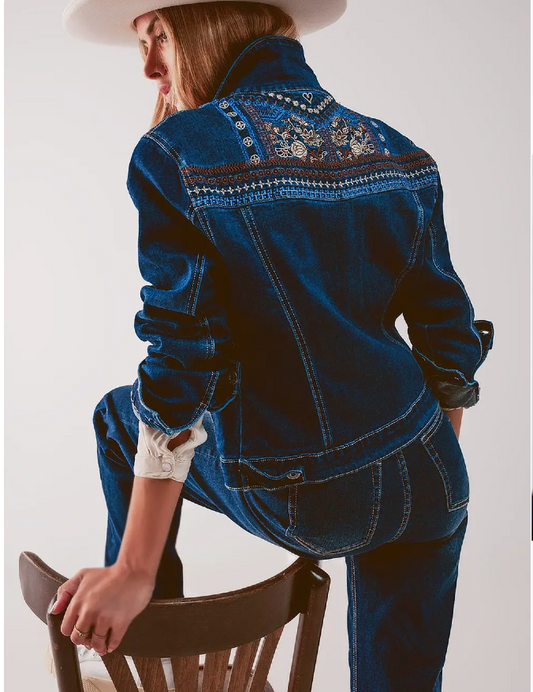 Embroided Back Denim Jacket in Dark Blue