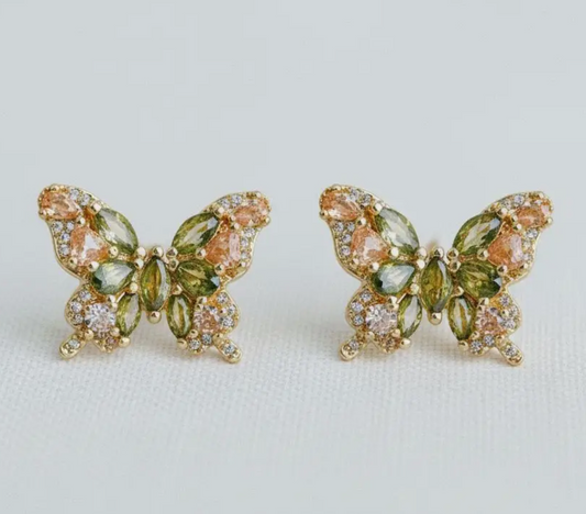 Olive Green Cubic Zirconia Butterfly Earrings