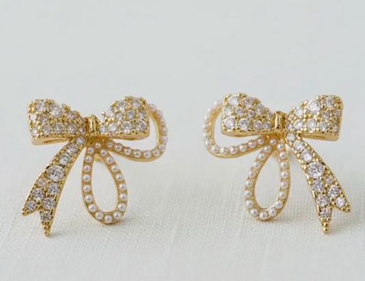Vintage Inspired Pearl and Cubic Zirconia Bowknot Earrings