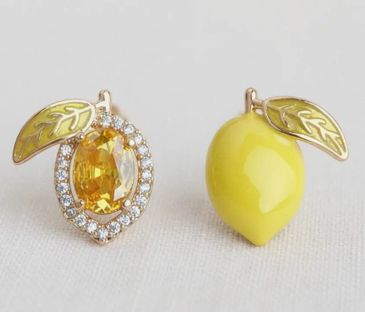 Zircon Lemon Enamel Drip Asymmetric Stud Earrings