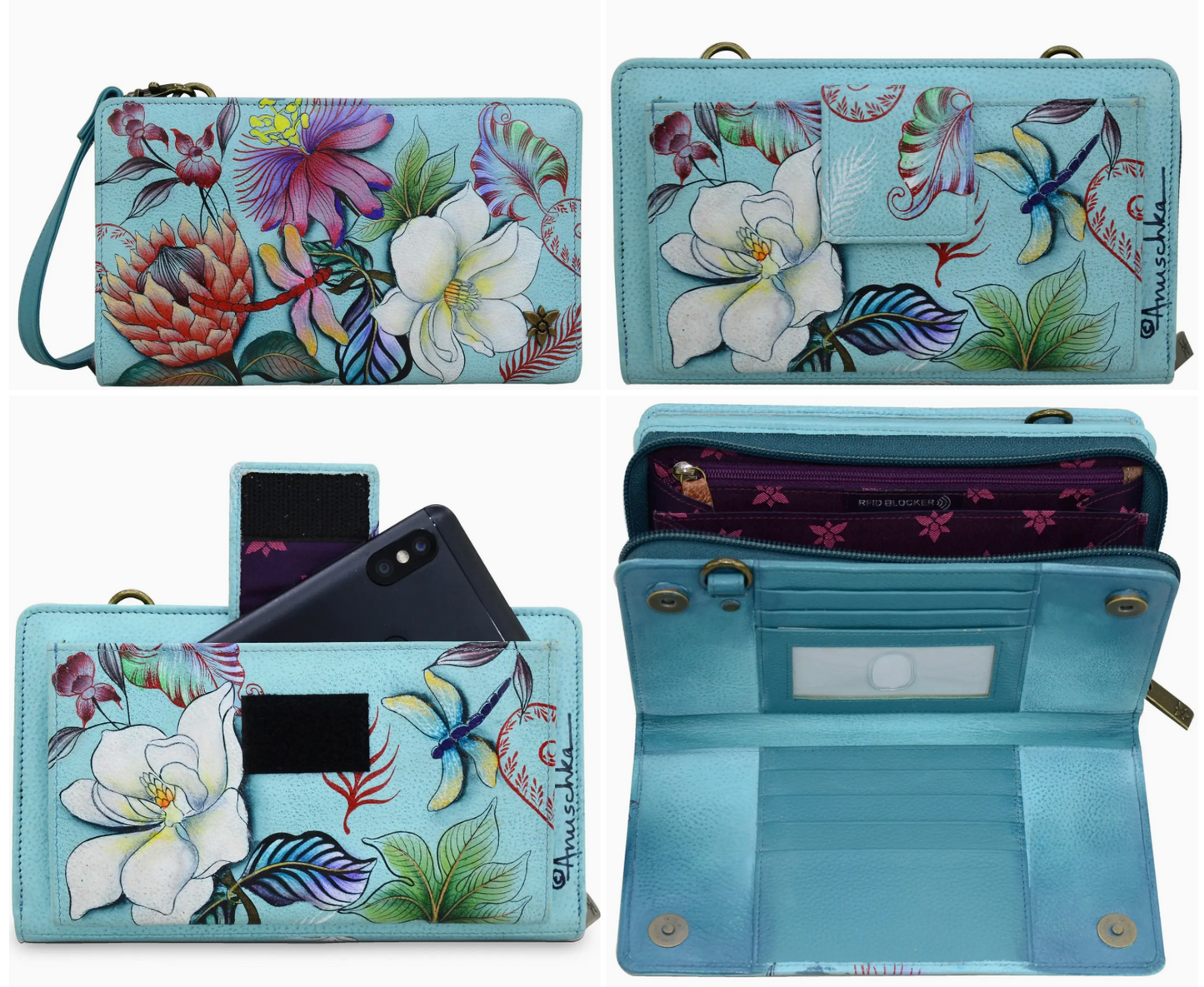 Hand-Painted Leather Organizer Wallet Crossbody