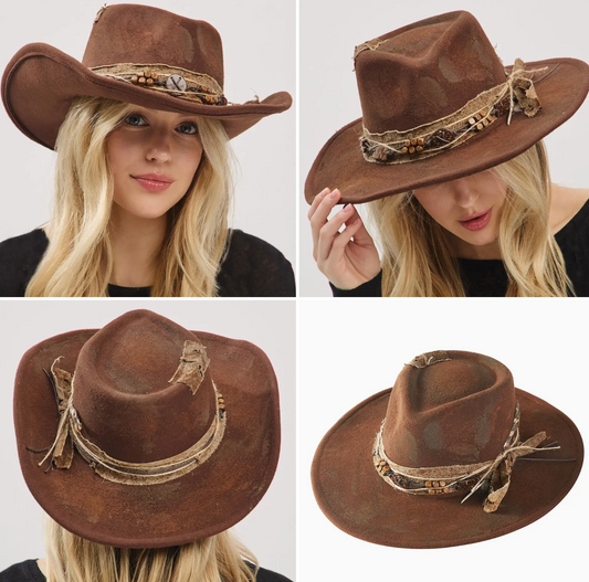 Vintage Feather Accent Wood Beaded Distressed Finish Band Rustic Cowgirl