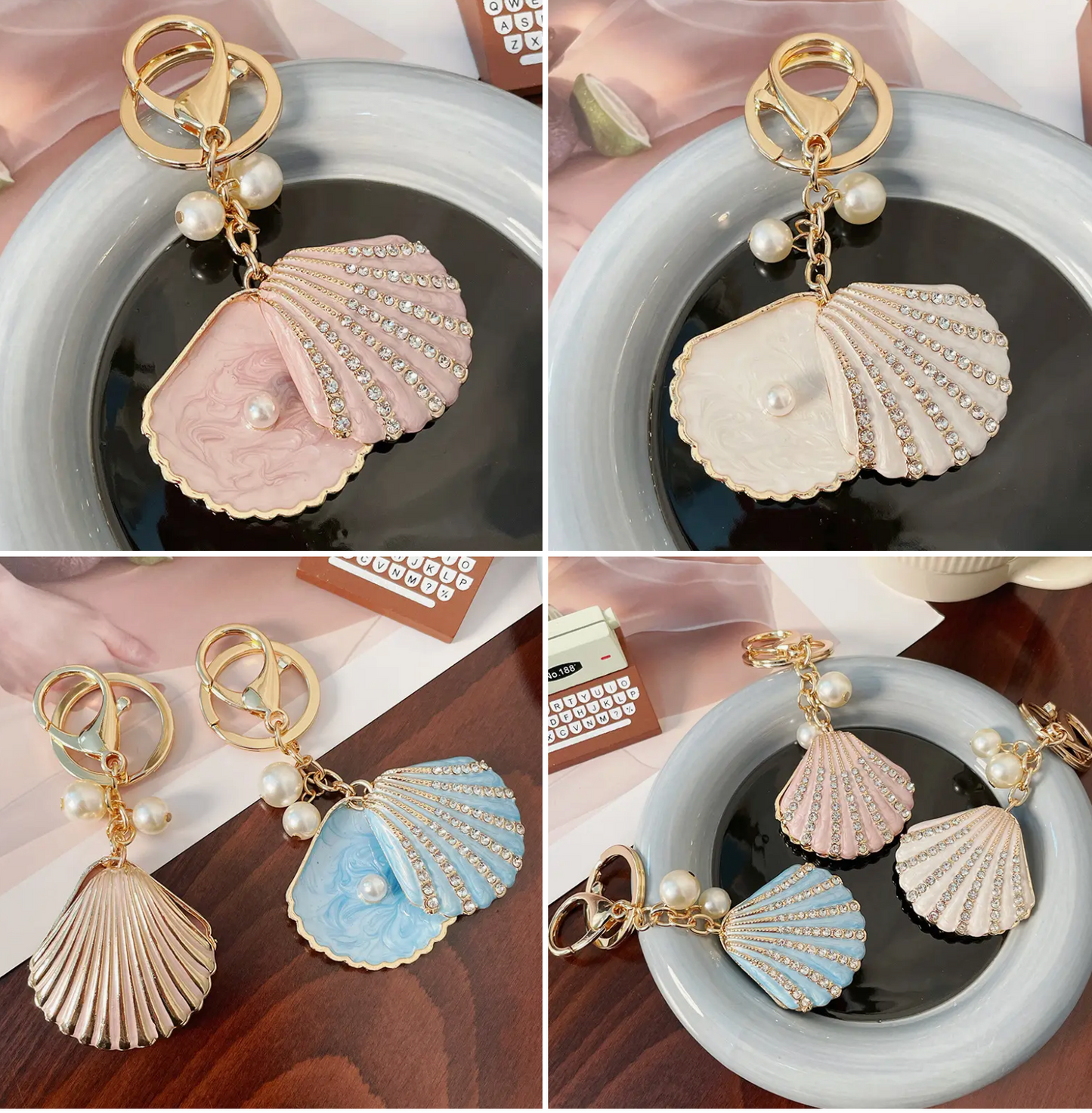 Rhinestone Pearl Shell Scallop Keychain Bag Charm